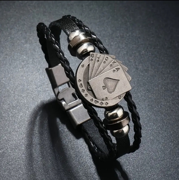 Versatile Punk Inspired PU Leather Men's Bracelet With Unique Poker Charm - Picture 3 of 6